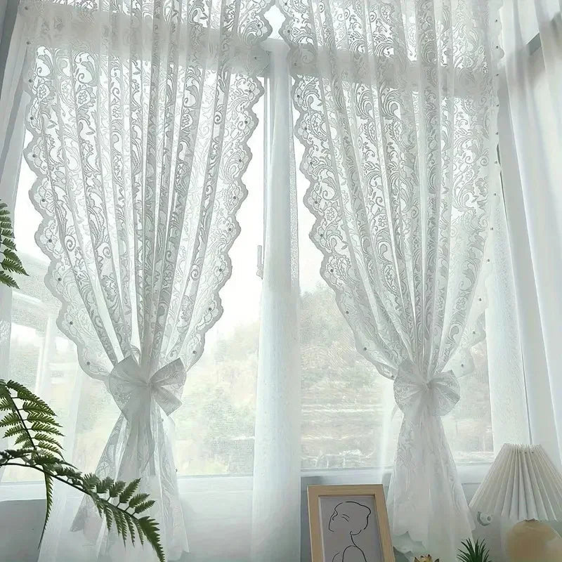 Elegant White Lace Curtain Panel with Beaded Phoenix Tail Detail for Living Room and Kitchen 1