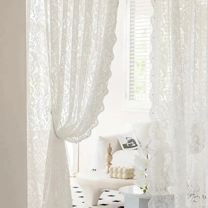 Elegant White Lace Curtain Panel with Beaded Phoenix Tail Detail for Living Room and Kitchen 2