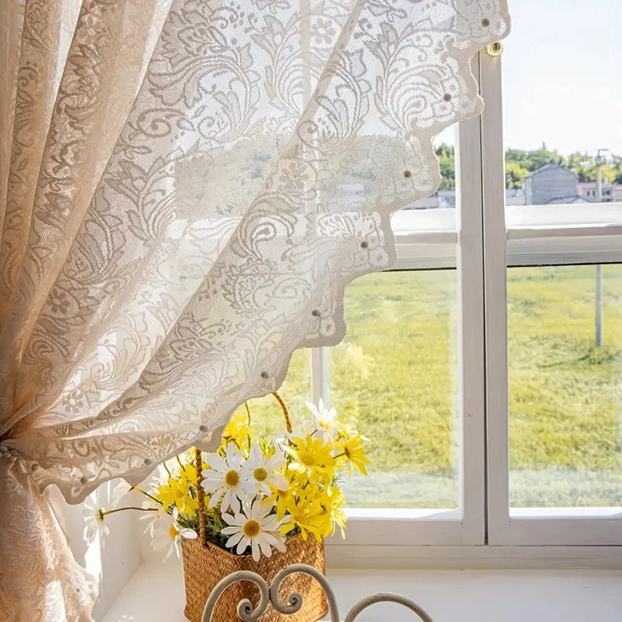 Elegant White Lace Curtain Panel with Beaded Phoenix Tail Detail for Living Room and Kitchen 4