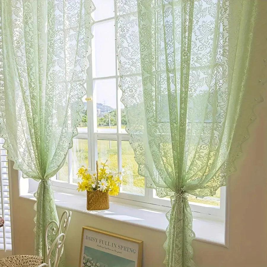 Elegant White Lace Curtain Panel with Beaded Phoenix Tail Detail for Living Room and Kitchen 5