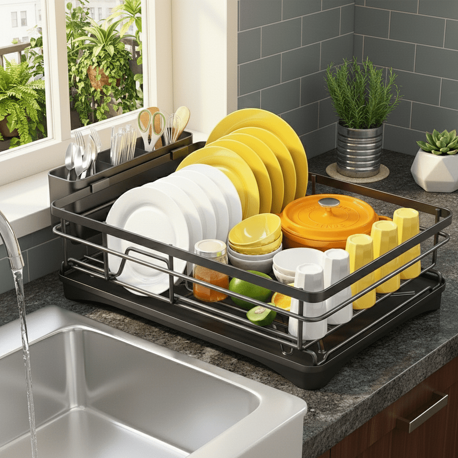 KITCHENDRY - Large Dish Drying Rack with Integrated Drip Tray for Efficient Kitchen Organization 3