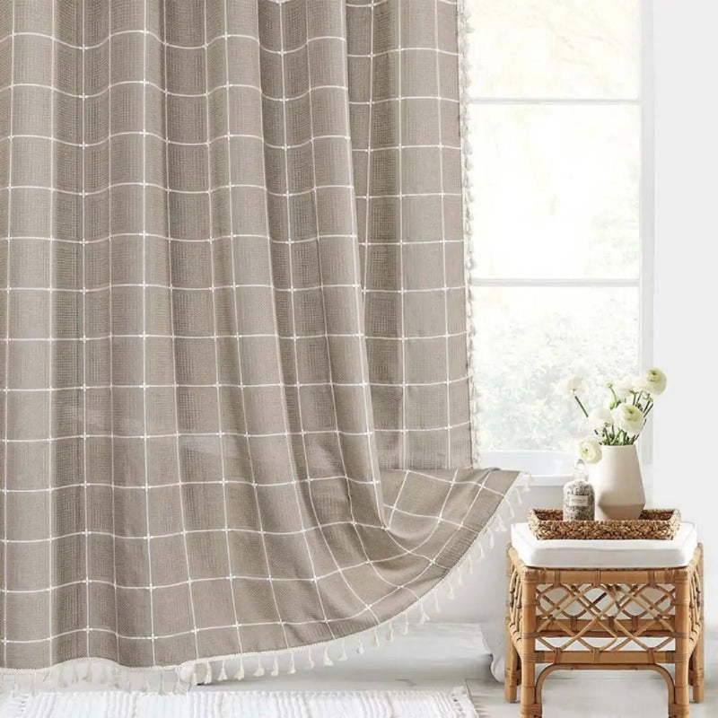 Linen Shower Curtain with Tassels - Waterproof 360° Coverage for Stylish Bathrooms 0