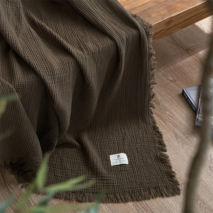 OliveBreeze - Lightweight 4-Layer Cotton Gauze Blanket with Decorative Fringe 0