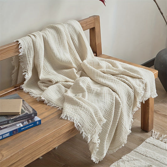 OliveBreeze - Lightweight 4-Layer Cotton Gauze Blanket with Decorative Fringe 1