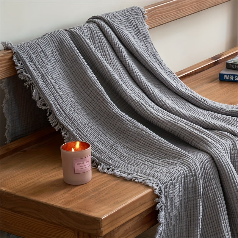 OliveBreeze - Lightweight 4-Layer Cotton Gauze Blanket with Decorative Fringe 3