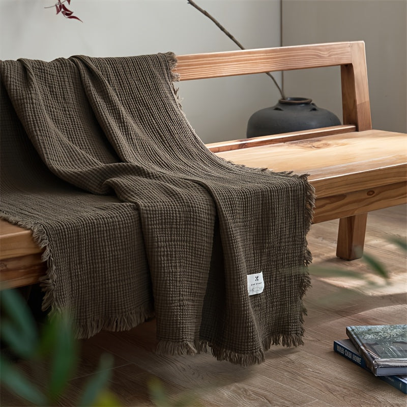 OliveBreeze - Lightweight 4-Layer Cotton Gauze Blanket with Decorative Fringe 4