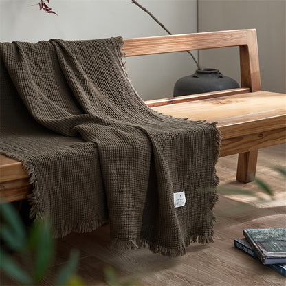 OliveBreeze - Lightweight 4-Layer Cotton Gauze Blanket with Decorative Fringe 4