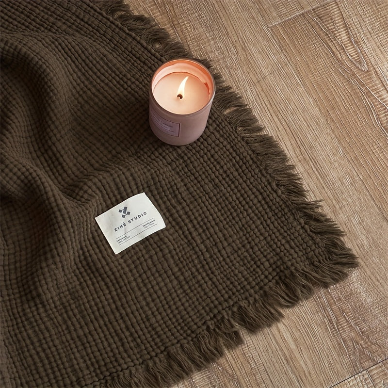 OliveBreeze - Lightweight 4-Layer Cotton Gauze Blanket with Decorative Fringe 5