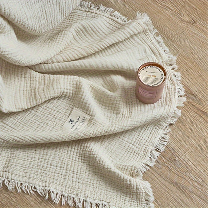 OliveBreeze - Lightweight 4-Layer Cotton Gauze Blanket with Decorative Fringe 7