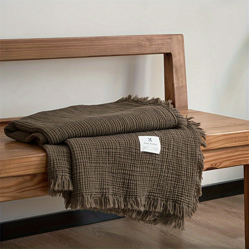 OliveBreeze - Lightweight 4-Layer Cotton Gauze Blanket with Decorative Fringe 8