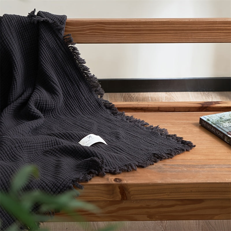 OliveBreeze - Lightweight 4-Layer Cotton Gauze Blanket with Decorative Fringe 9