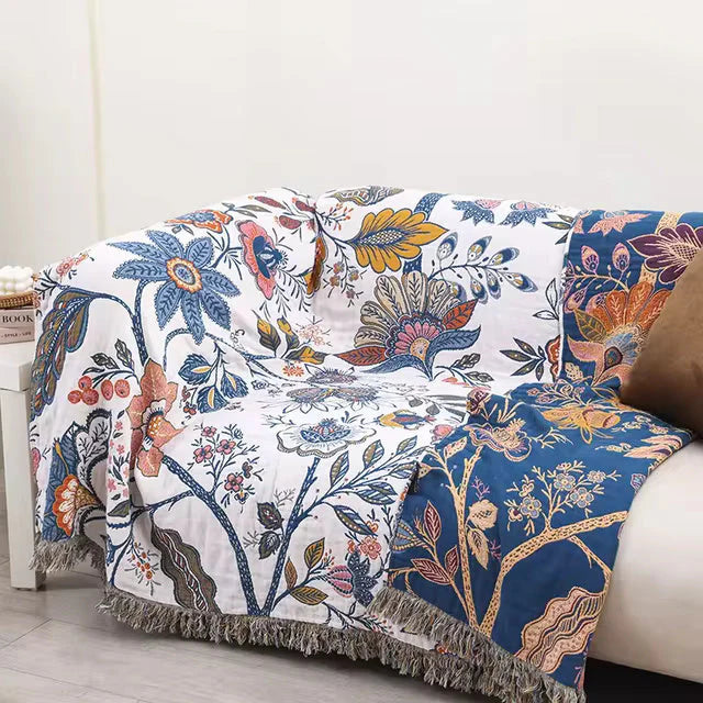 Floravista Reversible Cotton Throw Blanket - Soft Floral Design for Cozy Living