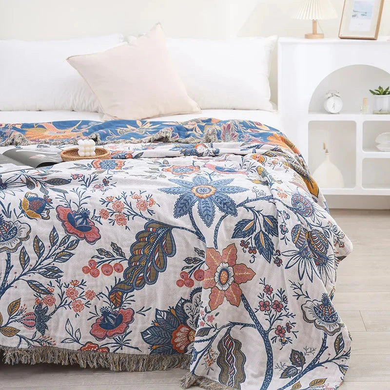 Floravista Reversible Cotton Throw Blanket - Soft Floral Design for Cozy Living