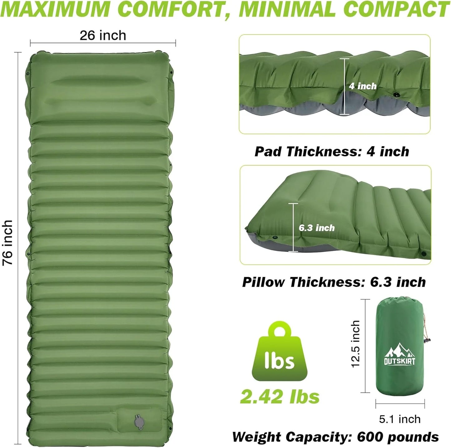 CLOUDCAMP – Extra-Thick Self-Inflating Sleeping Pad for Outdoor Hike Comfort