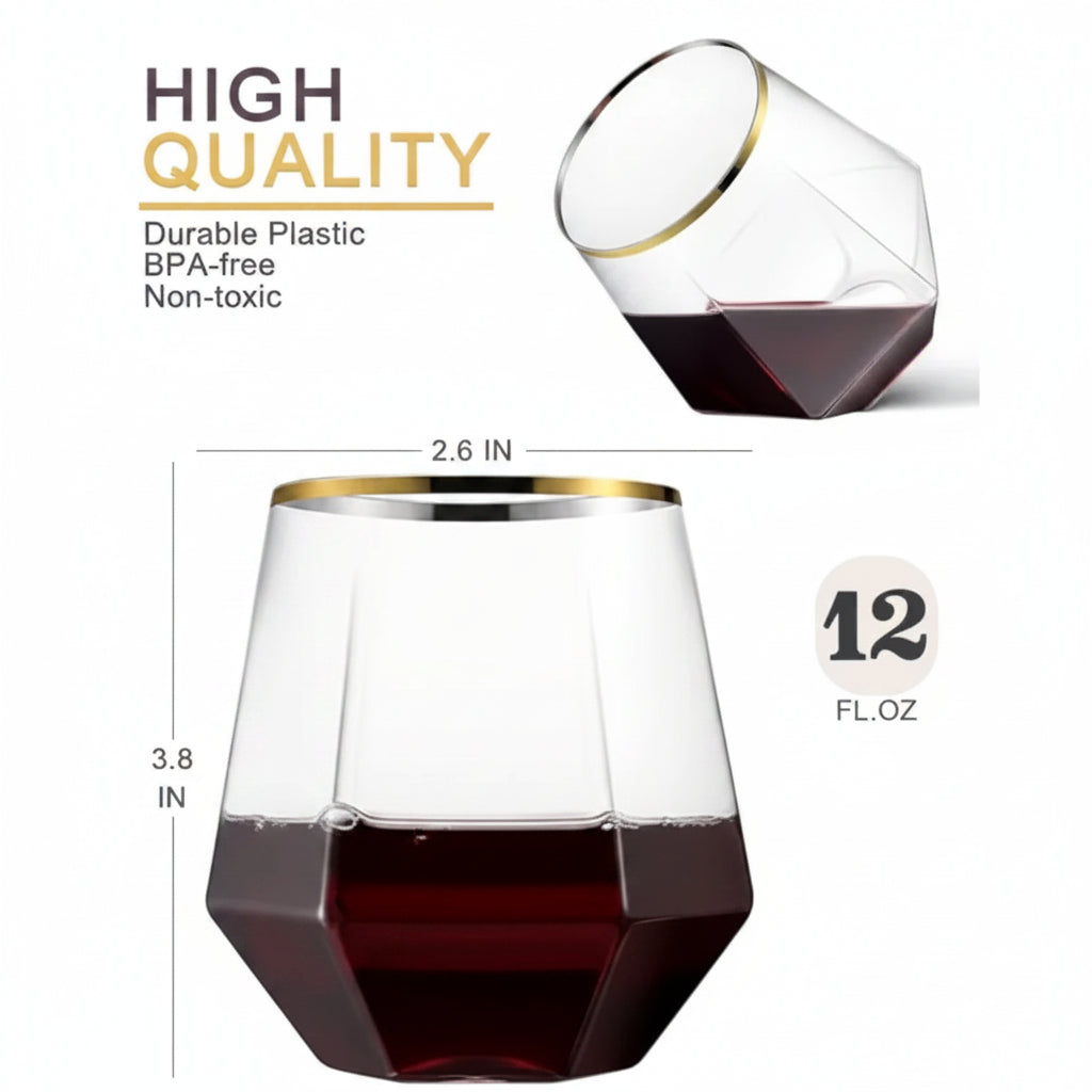 GOLDSPARK – Stemless Glass – Gold Rim Plastic Party Drinkware