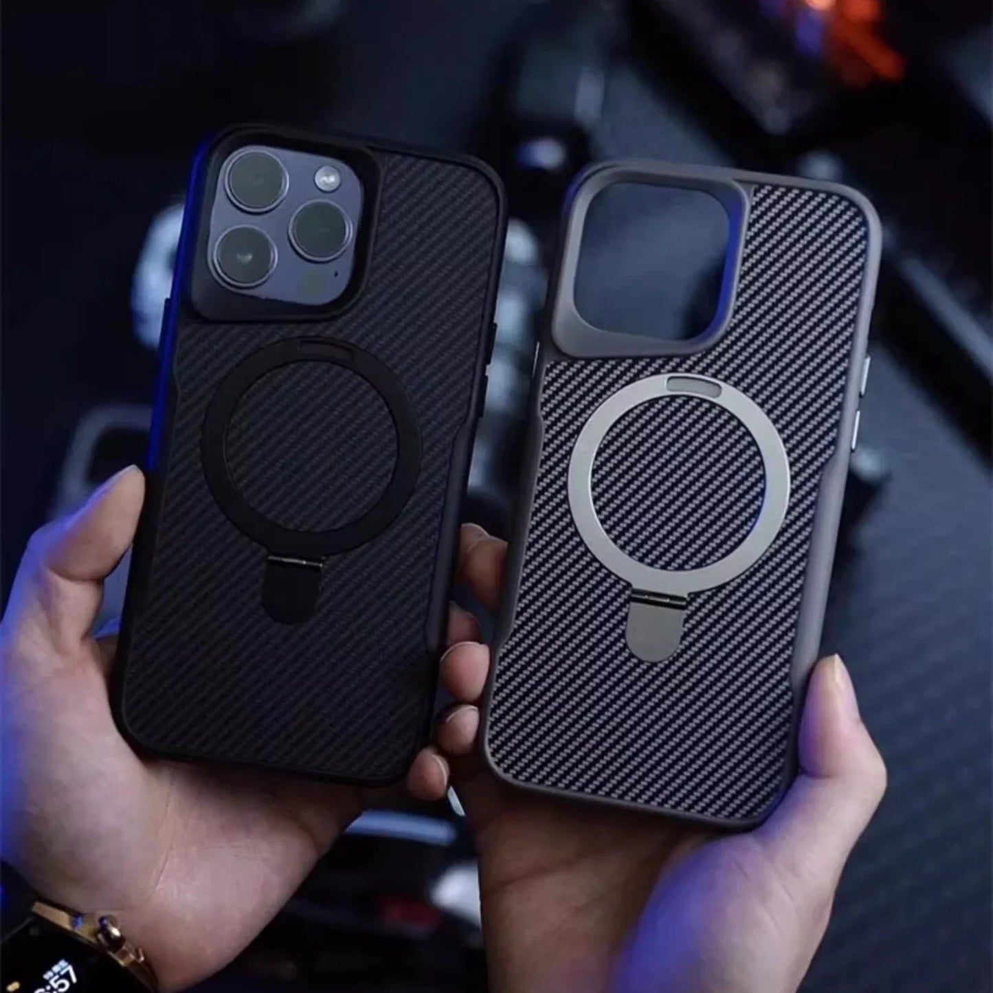 TITANVAULT – Carbon Fiber Magnetic Phone Case with Metal Stand
