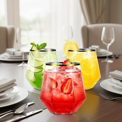 GOLDSPARK – Stemless Glass – Gold Rim Plastic Party Drinkware