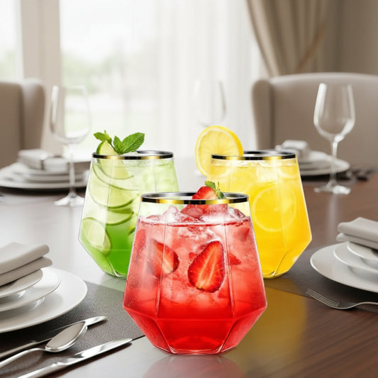 GOLDSPARK – Stemless Glass – Gold Rim Plastic Party Drinkware