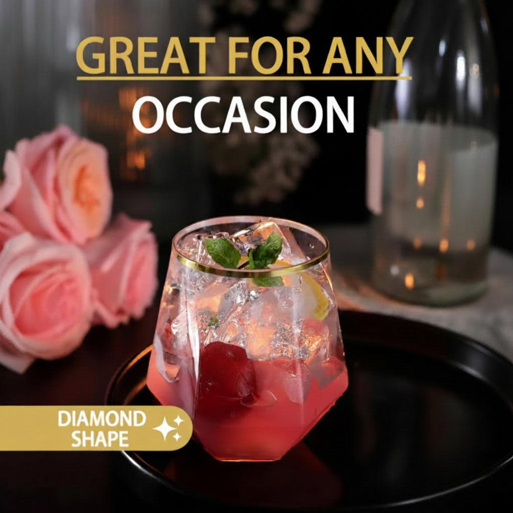 GOLDSPARK – Stemless Glass – Gold Rim Plastic Party Drinkware