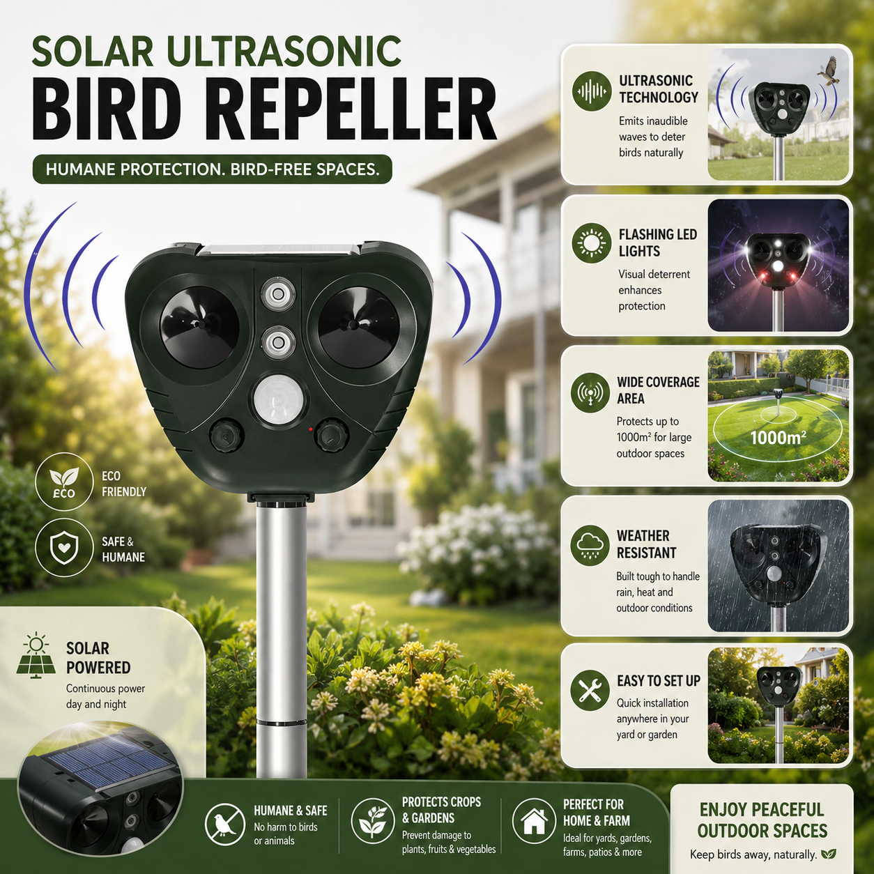 BIRDSHIELD – Solar Ultrasonic Bird Repellent for Garden Protection