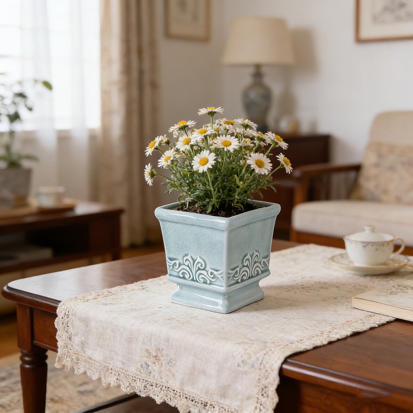 Vintage Ceramic Planter - Square Ceramic Pot with Integrated Drainage for Indoor Plants 8
