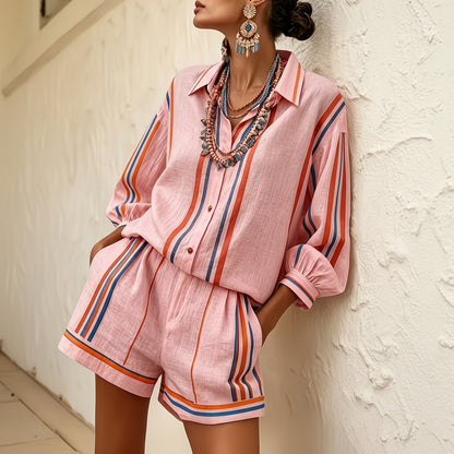 Striped Vacation Shirt and Shorts Two-Piece Set