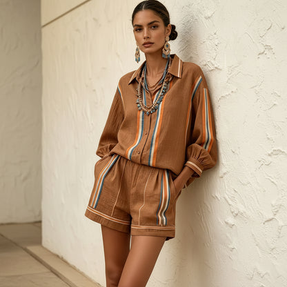 Striped Vacation Shirt and Shorts Two-Piece Set