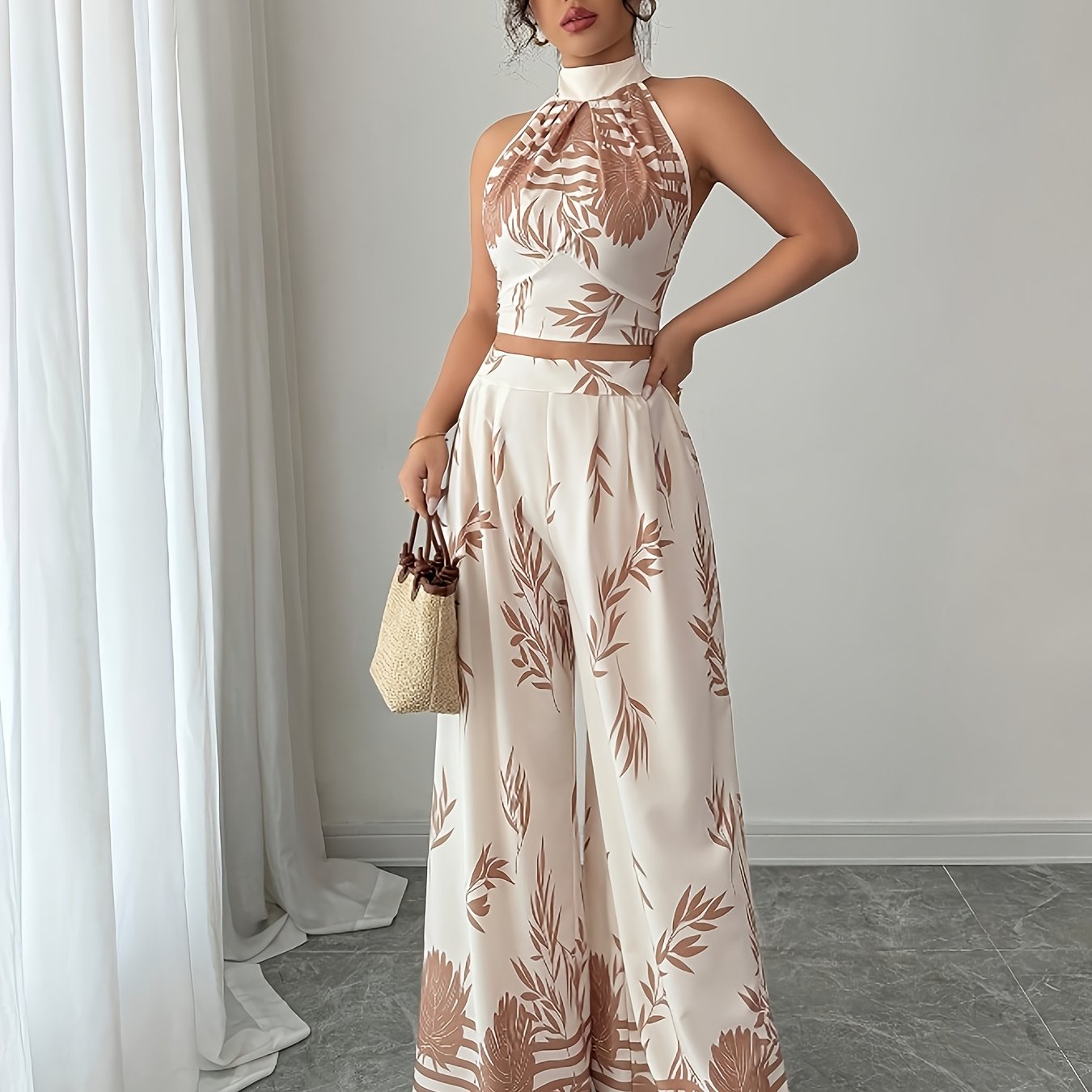 Elegant Printed Halter Top and Wide-Leg Pants Set