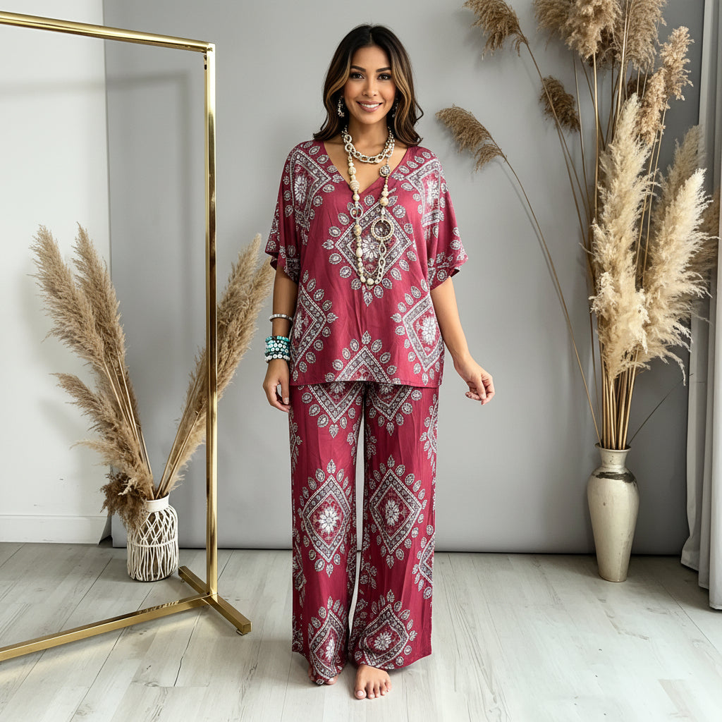 Geometric Print Mid-Sleeve Top and Long Pants Two-Piece Set