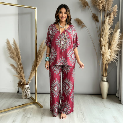 Geometric Print Mid-Sleeve Top and Long Pants Two-Piece Set