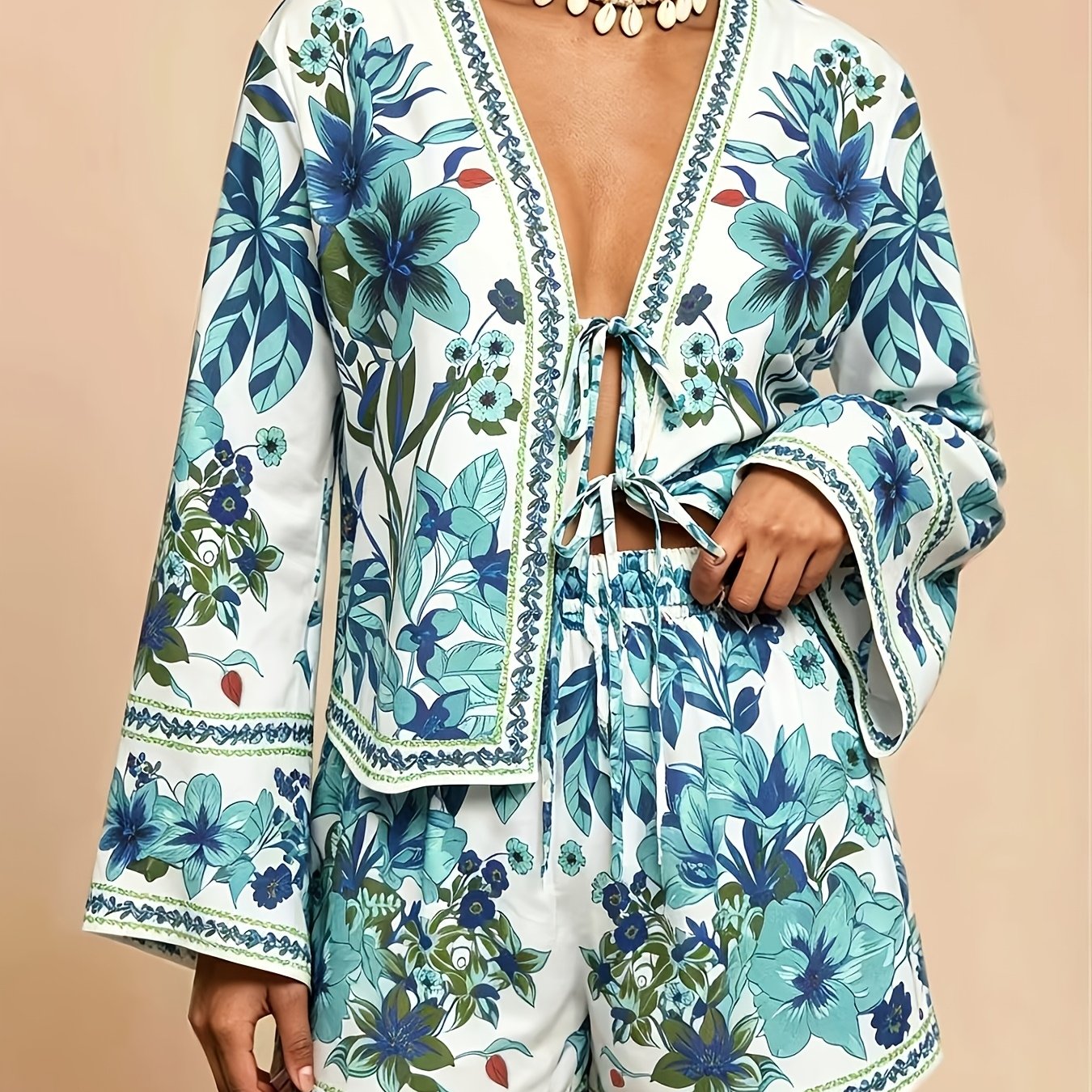 Floral Loose-Fit Long Sleeve Shirt and High-Waist Shorts Two-Piece Set