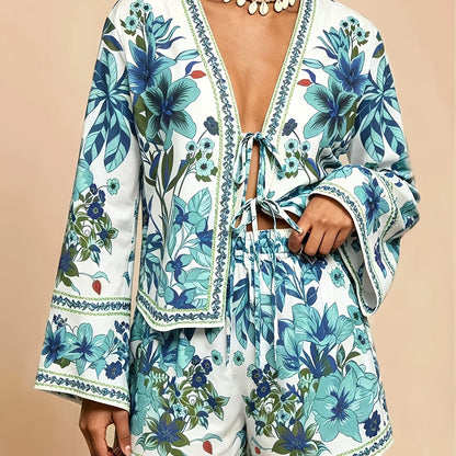 Floral Loose-Fit Long Sleeve Shirt and High-Waist Shorts Two-Piece Set