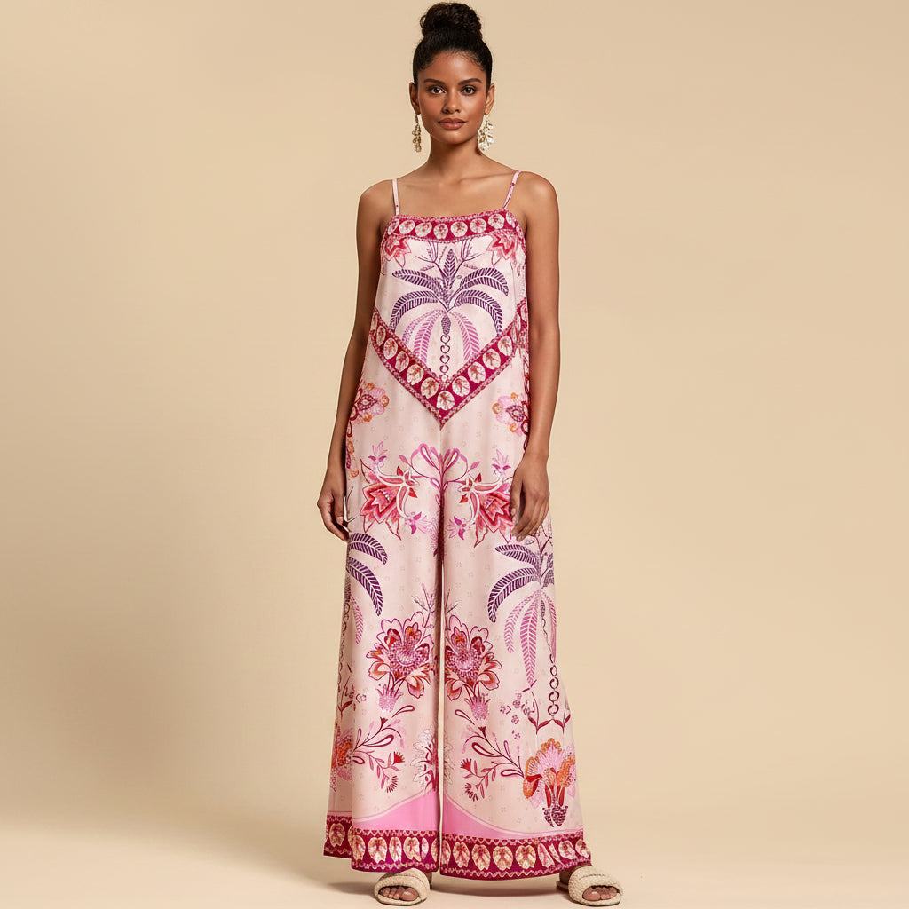 Floral Camisole and Wide-Leg Pants Two-Piece Vacation Set