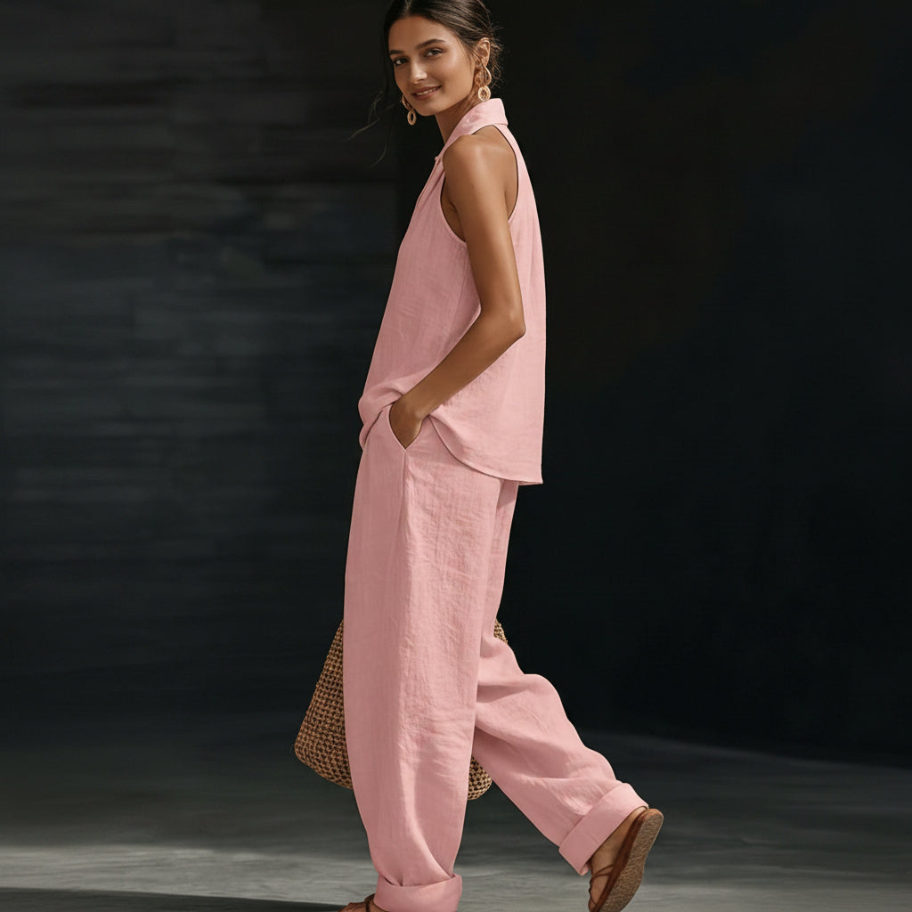 Linen V-Neck Sleeveless Wide-Leg Set
