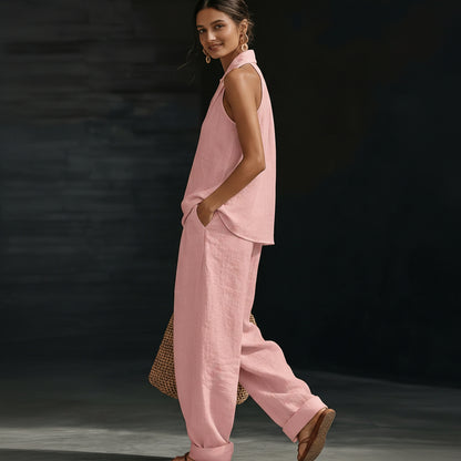 Linen V-Neck Sleeveless Wide-Leg Set
