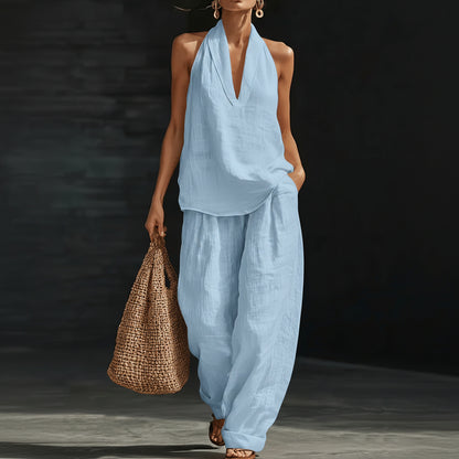 Linen V-Neck Sleeveless Wide-Leg Set