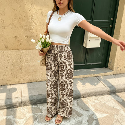 Tropical Linen-Blend Wide-Leg Beach Pants with Elastic Waist