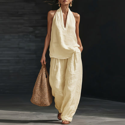 Linen V-Neck Sleeveless Wide-Leg Set
