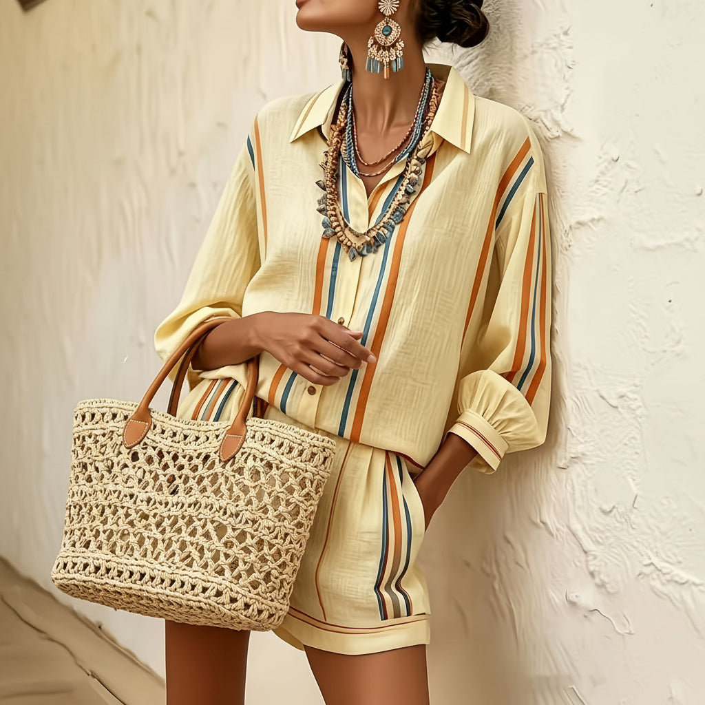 Striped Vacation Shirt and Shorts Two-Piece Set
