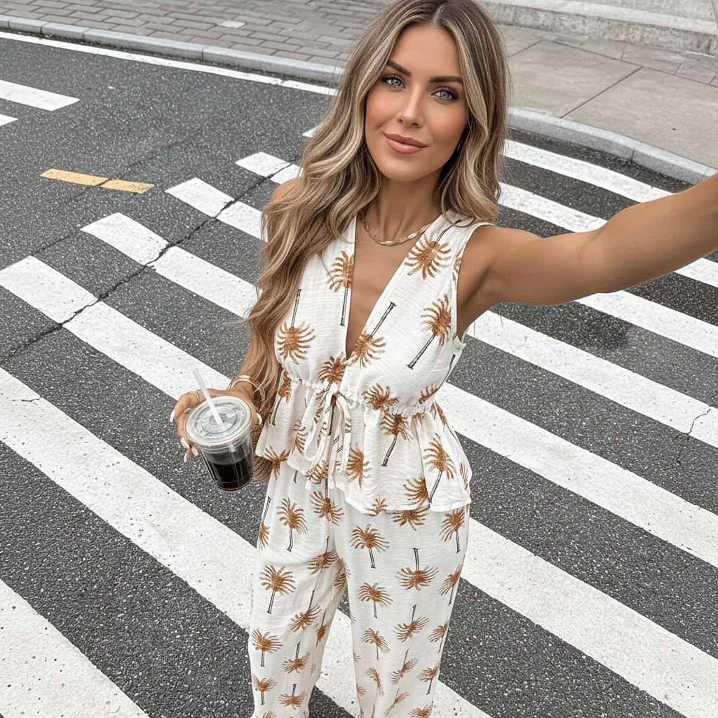 Tropical Print V-Neck Sleeveless Top and Wide-Leg Pants Set