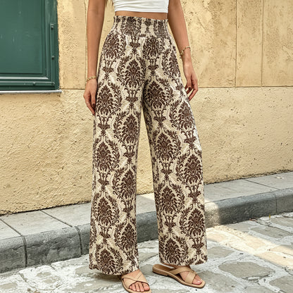 Tropical Linen-Blend Wide-Leg Beach Pants with Elastic Waist