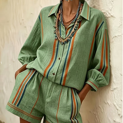 Striped Vacation Shirt and Shorts Two-Piece Set
